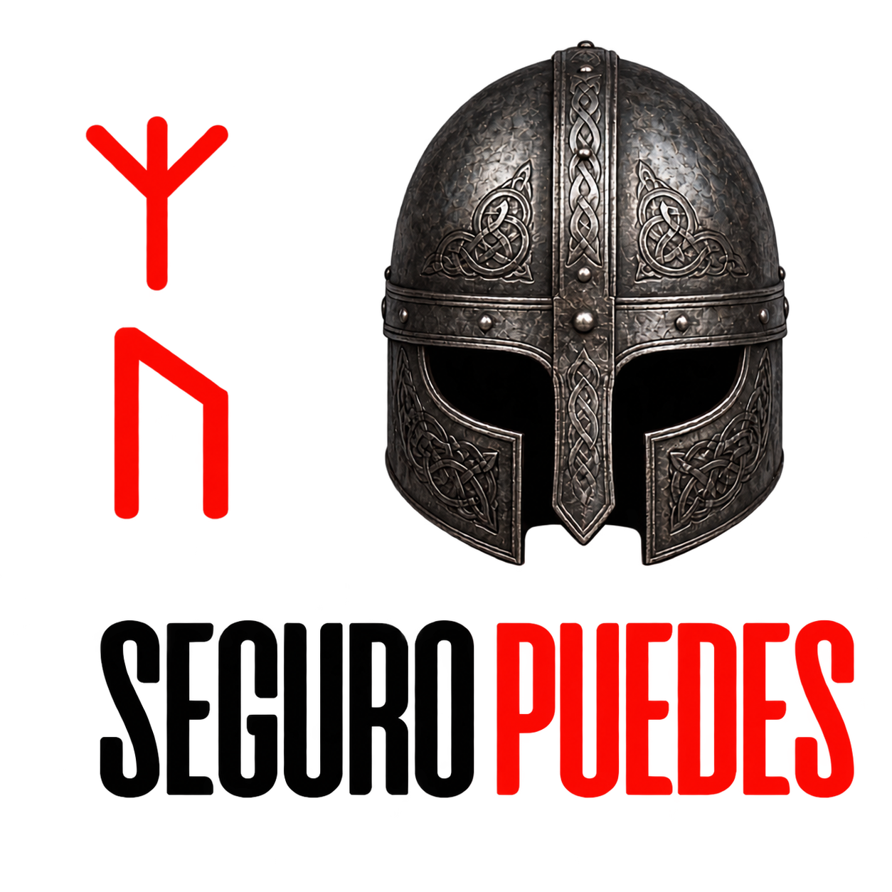 Logotipo transparente actualizado de SeguroPuedes con runas y casco vikingo